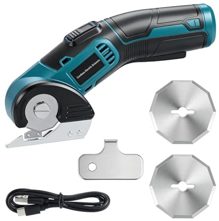Feelhap Ciseaux Électrique Tissu Couture, Ciseaux Électriques Sans Fil Coupeur Rotatif électrique, Ciseaux Universels avec Verrouillage de Sécurité,3 Lames Tranchantes,Coupe Carton,Tapis,Plastique