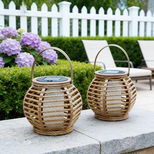Solarlaterne 2er Set IP44 Wasserdicht, Hanfseil Solar Laterne Außen Garten