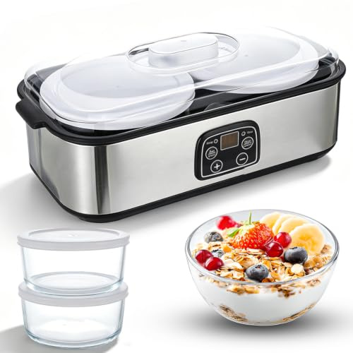 Yogurtiera automatica da 2 l, yogurtiera elettrica con temperatura e timer regolabili, indicatore LED con 2 contenitori in vetro per yogurt biologico, formaggio, natto, vino di riso