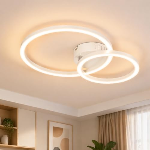 Homefire LED Deckenlampe Wohnzimmer Deckenleuchte, 40cm Küchenlampe Decke | 23W 3000K Warmweiß Wohnzimmerlampe 2-Ringe Design Weiß Deckenbeleuchtung für Küche Schlafzimmer Flur Büro
