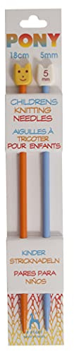 Pony Children's Coloured Knitting Pins: Single-Ended: Plastic: 18cm x 5.00mm: Orange/Blue, Multi, 5.1 x 4 x 24.5 cm