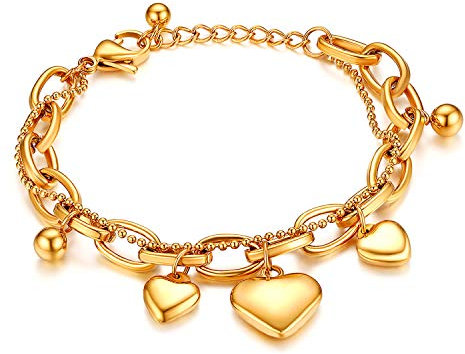 JewelryWe Schmuck Damen Armband Edelstahl doppelt Kette Charmsarmband Armkette mit Herz Anhänger Gold