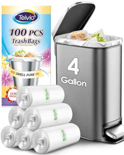 Teivio 15 Liter 120 Counts Strong Pedal Bin Liners, fit 12-15 Litre Small Rubbish Bags, Bathroom Waste Bin Liners, Plastic Trash Can Bags for home office kitchen, Clear