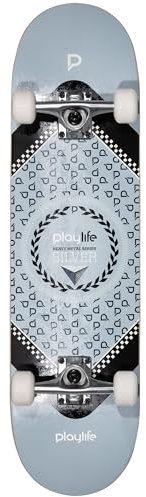 Playlife Skateboard Heavy Metal Silver, 31 / 8 - 79cm / 20,5cm, 52x36mm 92A Rollen, ABEC 7 Kugellager, Art. nr.: 880278