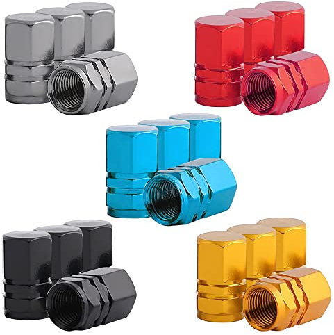 QitinDasen 20Pcs Premium Auto Reifen Ventilkappen, Aluminiumlegierung Hexagon Reifenventil Abdeckungen, Universal Schrader Ventil Staubkappen Staubabdeckungen mit Dichtung (5 Farben)