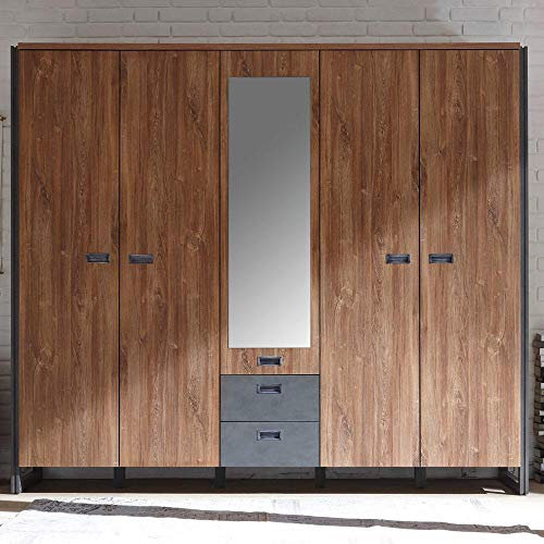 Lomadox Kleiderschrank 232cm Drehtürenschrank im Industrial Design, Stirling Oak Eiche, anthrazit, Spiegel, 4 Türen, 2 Schubkästen, B/H/T: 232/202/60 cm
