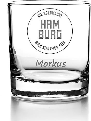 Whiskyglas mit Gravur, Personalisiert mit Namen Geschenk für Männer Whiskeyglas Fußball Skyline Hamburg