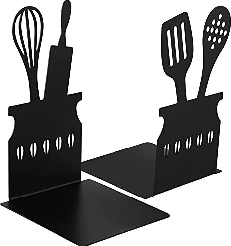 Zonon Black Kitchen Bookends 5.9 x 3.9 x 3.9 Inch Spoon Decorative Metal Cookbook Storage Books Stoppers