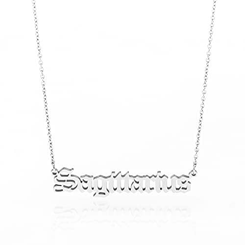 Minegreet Old English Zodiac Necklace for Women, Horoscope Birth Star Sign Letter Astrology Constellation Necklace Birthday Gift (Sagittarius-Silver)