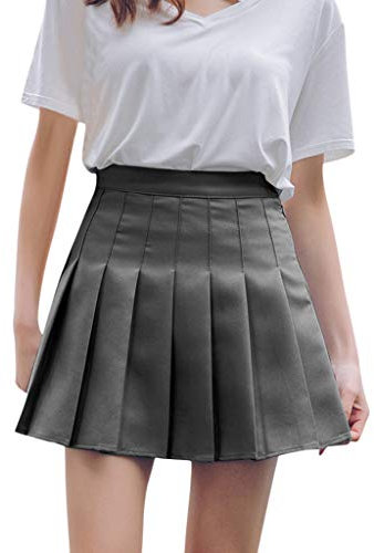 Damen Dehnbar Faltenrock Schulmädchen Solide Kurze Hohe Taille Gefaltete Skater Rock Tennis Basic Mini Rock Mädchen Glocken Rock Tennis Rock (Grau, M)