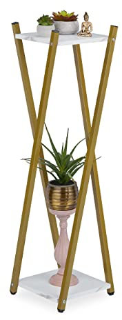 Relaxdays Blumenständer, 2 Etagen in Marmoroptik, Metall, modern, hoher Blumenhocker, HBT: 99 x 29 x 29 cm, Gold/weiß