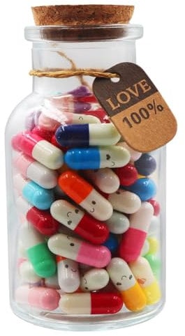 Mczcent Capsule Letters Message in a Glass Bottles, 100Pcs Cute Smiling Face Love Friendship Letter Color Pill with Wishing Bottle, Message Pills for Boys Girls Friends Family