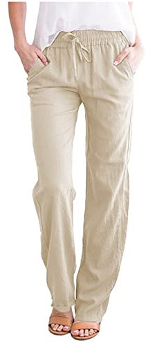 Generic Leinenhose Damen mit Kordelzug Einfarbig Leinen Baumwolle 7/8 Hosenn für Frauen Freizeithose Hose Leicht Mode Haremshose Luftige Stoffhose Pumphose Yogahose Jogginghose Sporthose, Beige, S