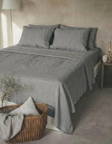 Ger3as Leinen Bettlaken ohne Gummi – 100% Stonewashed Leinen Flachlaken – Atmungsaktiv – Ohne Kissenbezüge – (Grau, 230 x 250 cm)