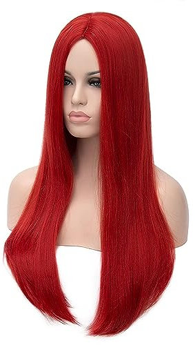 Colorfulpanda Rot Perücke Damen 80cm Lange glattes Haar Perücke Mittelscheitel Halloween Karneval Perücke mit Perücke Kappe für Frauen und Mädchen