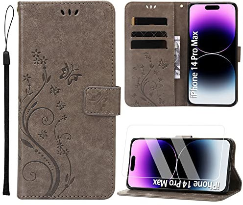 ANSHOW for iPhone 14 Pro Max Case Wallet with Wrist Strap, with Screen Protector, Flip Leather Case with Cards Holder Phone Case with Kickstand Cover, Gray