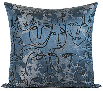 Kissenbezüge Dekorative Kissenhülle Gesicht Abstrakt Gestickt Satin Schlafzimmer Sofa Dekoration Quadratischen Kissenbezug Blau 50x50cm (ohne Kissenkern)