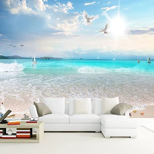 Papier Peint Photo Ciel Bleu Nuages ​​Blancs Plage Mer Vue Papier Peint Photo Photo Peintures Murales Papier Peint Papier Peint 3D Papier Peint Pâte Salon Le Mur Pou 140 (largeur) x 70 (hauteur) cm