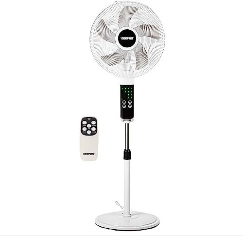 GEEPAS 16’’ Pedestal Fan with Remote Control – 60W Powerful Free-Standing Oscillating Cooling Fan – Height Adjustable, 7.5 Hour Timer - 3-Speed, 5-Blade Air Cooling Floor Fan Home Office (White)