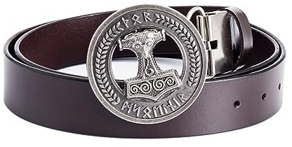 JIARY Herren Gürtel Thor-Hammer-Schnalle, Gürtel Herren Western Cowboy, Ledergürtel mit Wikinger-Thorshammer-Muster Runder Legierungsschnalle Vintage-Gürtel,Brown a,125CM/49.2''