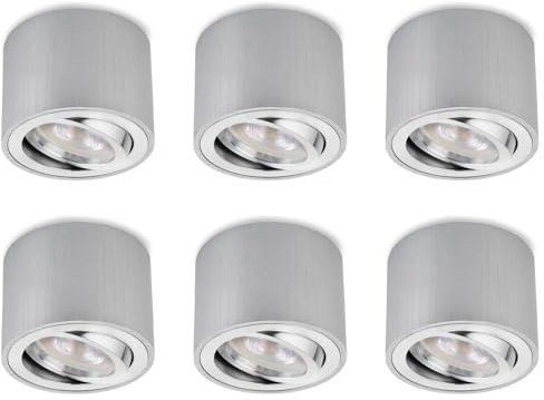 Sweet Led 6x Aufbauspot Alu Gebürstet – flach & schwenkbar – Aufbaustrahler Ø80x50mm – Aufputz Spots inkl. wechselbarem 5W LED Modul 230V – Deckenspots warmweiß 3000K