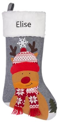 jewelora Chaussette de Noël Personnalisé, Bas de Noël avec Nom Sac de Bonbons et de Cadeaux Grand Bas de Noël Suspendu Cheminée, Arbre de Noël père Noël Elan Bonhomme de Neige (F)