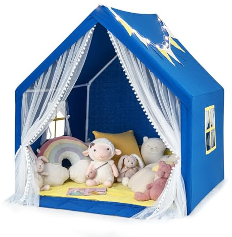 COSTWAY Kinderspielhaus mit Sternenlichtern, Prinzessin Prinzess Kinderzelt mit Fenster & Matte & bunten Flaggen, Spielzelt mit doppeltem Vorhang, Kinderspielzelt Spielhaus für Jungen Märchen (Blau)