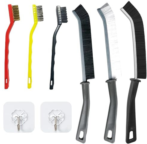 JTMKYO 6 cepillos para ranuras, 2 ganchos, cepillo con cerdas rígidas para la limpieza de las ranuras de puertas y ventanas, cepillo de limpieza de grietas de cocina, baño, piso, estufa