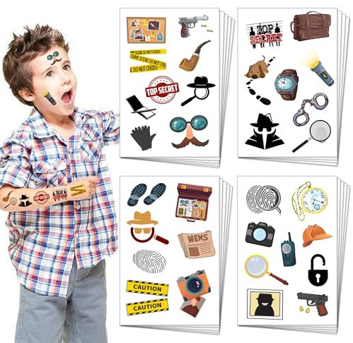 Lcnjscgo 20 Blatt Secret Agent Spy Detective Temporäre Tattoos, Mystery Detective Clue Party Favors Zubehör Dekorationen Spy Game Kit für Kinder Jungen