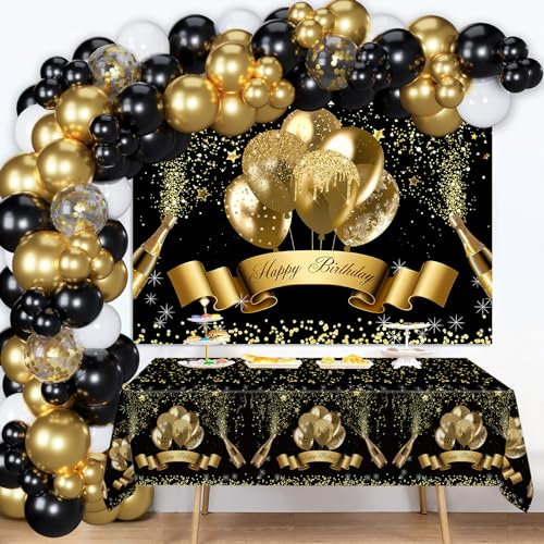 Schwarz Gold Geburtstagsdeko Set, Luftballon Girlande mit Luftballons Schwarze Gold weiß, Happy Birthday Banner und Tischdecke Geburtstag, für Geburtstag Deko Mann Frauen, Happy Birthday Deko