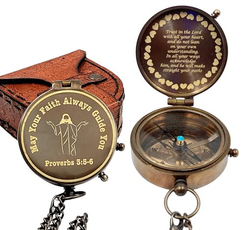 Antiker Messing-Kompass mit Gravur Trust in The Lord und Lederetui – religiös – Inspiration – Geschenk für ihn/sie – Geschenk zum Schulabschluss – Taufgeschenke für Damen, Herren, Jungen, Mädchen