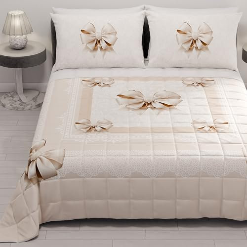 PETTI Artigiani Italiani - Copriletto Matrimoniale Estivo 260x270cm 100 g/m² Double Face, Trapuntino Matrimoniale Primaverile, Trapunta Leggera, Fiocco Beige, 100% Made in Italy