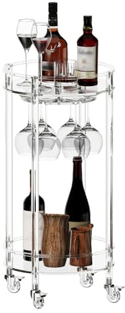 Eglaf Barwagen aus Acryl, runder Rollwagen, 2 Etagen, Servierwagen mit abschließbaren Rädern, Glashaltern, für Bar, Wohnzimmer, Küche, 39,9 cm T x 40,9 cm B x 79 cm H, transparent