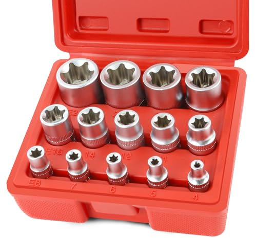 FIFIBANG 14pcs Coffret de Douille Torx en Forme Etoile 1/4 3/8 1/2, Douilles femelles E-Torx E4, E5, E6, E7, E8, E10, E11, E12, E14, E16, E18, E20, E22, E24, Douille de Profilés E Torx(Rouge)