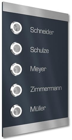 Graviers Design Campanello condominio con incisione di 5 nomi - V2A acciaio inox 140x220 mm - Pulsante LED incasso selezionabile esterno per porta d'ingresso