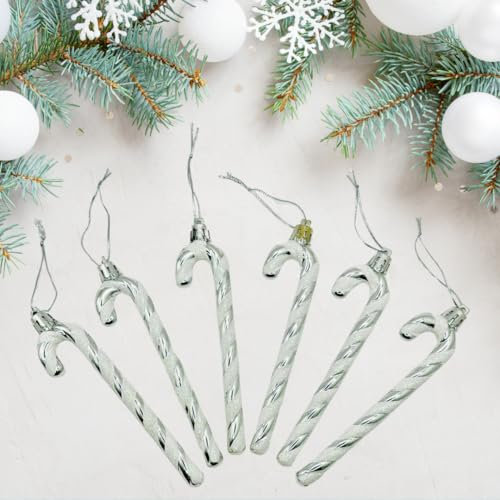 Glitter Candy Cane –Christmas Tree Hanging Decoration Bauble Xmas Ornament Pack of 6-13cm (Silver)