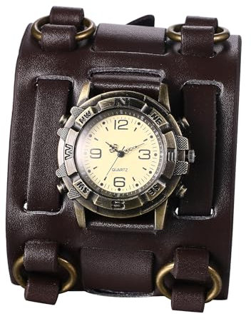 JewelryWe Herrenuhr Steampunk Echtleder Uhr: Vintage Punk Analog Quarz Armbanduhr Herren Braun Breit Lederarmband Biker Sport Lässige Uhr für Männer Halloween Party