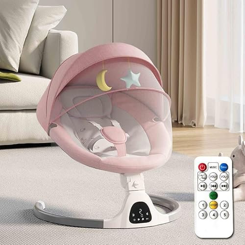 Bluetooth-Baby-Schaukel für Säuglinge, 5 Geschwindigkeit Musik-Lautsprecher mit 12 voreingestellten Schlaflieder, Fernbedienung Indoor-Baby-Wippe mit Touchscreen Stuhl für 5-20 Monaten(Pink)