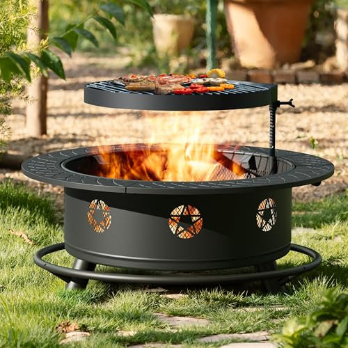Brasero de 89,9 cm avec grille de barbecue, foyer à bois pour l'extérieur avec couvercle et tisonnier, table ronde 3 en 1 en métal avec grille de cuisson, foyer extérieur pour jardin, terrasse, feu de