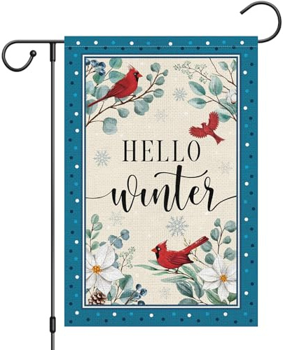 Heyfibro Hello Winter Kardinal-Gartenflagge, 30,5 x 45,7 cm, doppelseitig, Jute, Weihnachten, Winterblumen, Hofflaggen für saisonale Weihnachten, Außendekoration (nur Flagge)