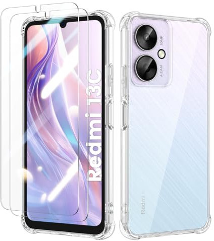 Doeshine Funda para Xiaomi Redmi 13C / Poco C65 con 2 Protector Pantalla Cristal Templado, Protección Militar Anti-Choque, Suave TPU Bumper Anti-Arañazos Cover para Redmi 13C (Transparent)