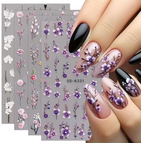 JMEOWIO 3D Embossed Flower Nail Art Stickers Decals Self-Adhesive 5D Butterfly Spring Summer Floral Nail Supplies Nail Art Design Decoration Accessories 4 Sheets
