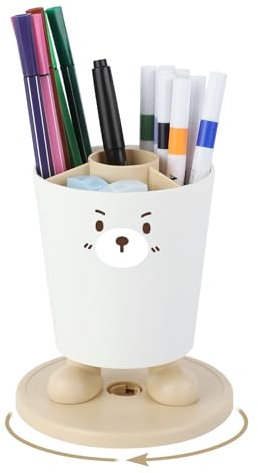 Lvjkes porte-crayons rotatif 360°, 4 compartiments, amovible, facile à nettoyer, motif d'ours, bureau, maison, école (kaki)