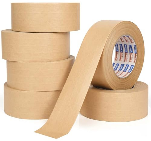 ADHES Nastro adesivo di carta kraft con bloccaggio ad acqua bagnata a 6 rulli, nastro di carta kraft attivato ad acqua 50mm x 50m, riciclabile e facile da degradare