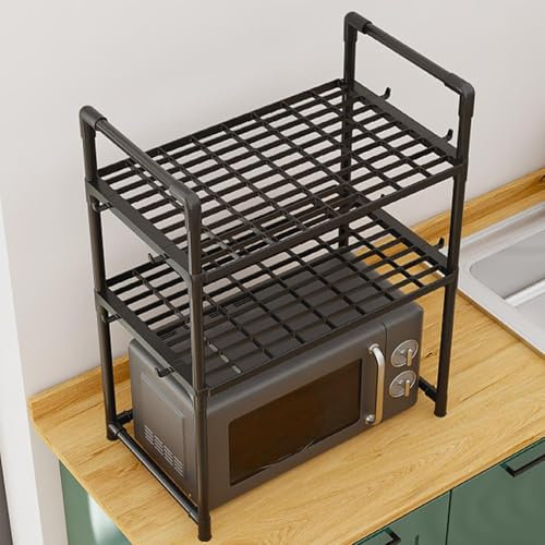 Yiohejy 3 Tier Expandable Microwave Oven Rack, Over Microwave Shelf Unit, Microwave Stand Countertop Space Saving, Adjustable Heavy Duty Storage Shelf With Hooks