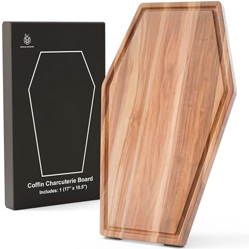 New - Large Coffin Charcuterie Board - Gothic Acacia Wood Coffin Shaped Cutting Board 17x10.5inch, Halloween Wooden Serving Tray, Goth Platter, Spooky Decor Gifts
