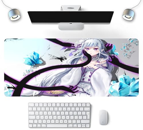 Mignon Anime Re Zero Mouspad, tapis de souris japonais Emilia XXL, tapis de souris 800 x 300 mm, surface texturée antidérapante pour joueur, bureau, maison
