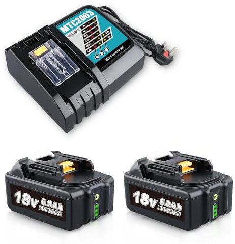 2 Pack 18V 5.0Ah BL1850B Li-ion and DC18RC 14.4V-18V Li-ion Charger Replacement for Makita Battery and Charger Compatible with Makita 18V Battery Cordless Power Tools