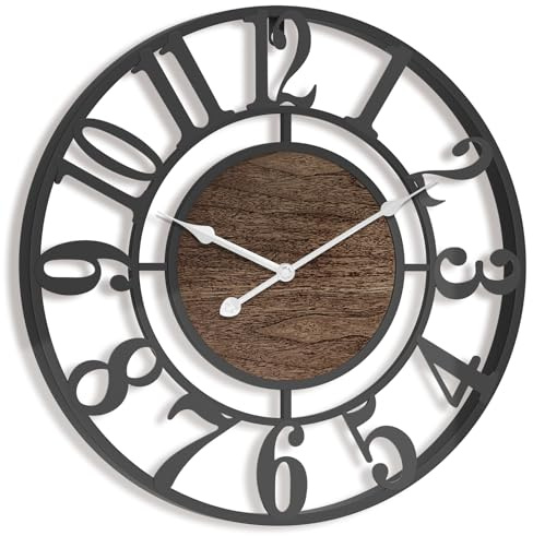 Pytha Sight Wanduhr Groß 50 cm Schwarz Metall Vintage mit Walnuss, Lautlos | Wanduhr Modern Industrial Design mit Großen Arabisch Ziffern, ohne Tickgeräusche, für Wohnzimmer, Küche, Büro