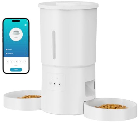 Futterautomat Katze 2 Näpfe mit APP: 5L Automatischer Futterspender mit 2.4G WiFi Timer für Trockenfutter - AONBOY Doppelnapf Design für Mehrkatzenhaushalte & Hunde - Weiß